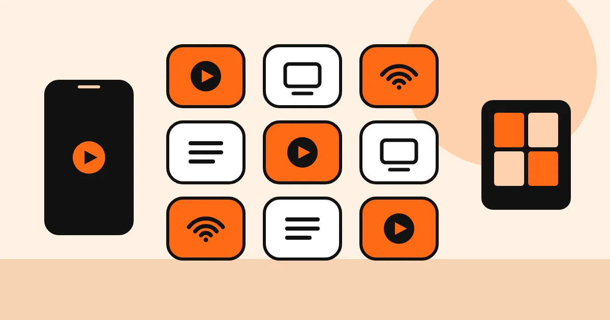 Grade de ícones de aplicativos com botão de play, ao lado de um celular e um tablet