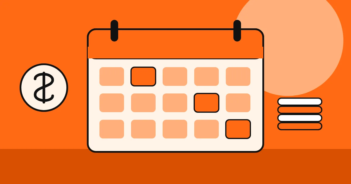 Calendário com datas marcadas e moedas empilhadas ao lado, em fundo laranja