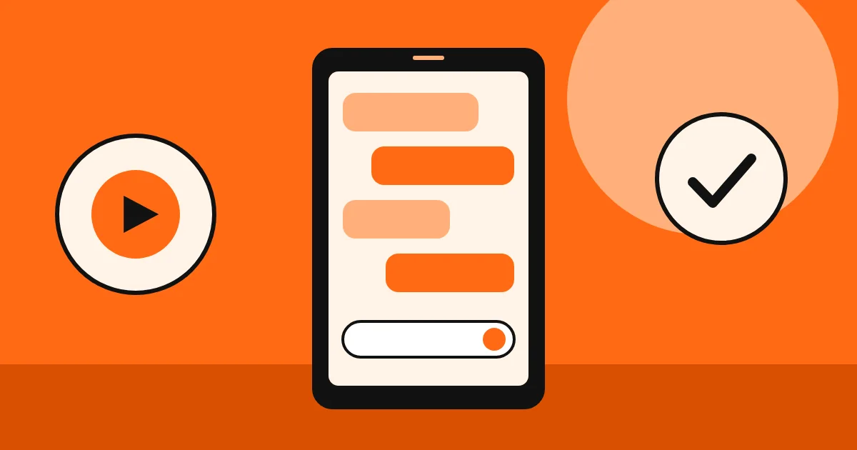 Celular com conversa de mensagens e ícone de confirmação, ao lado de um ícone de play