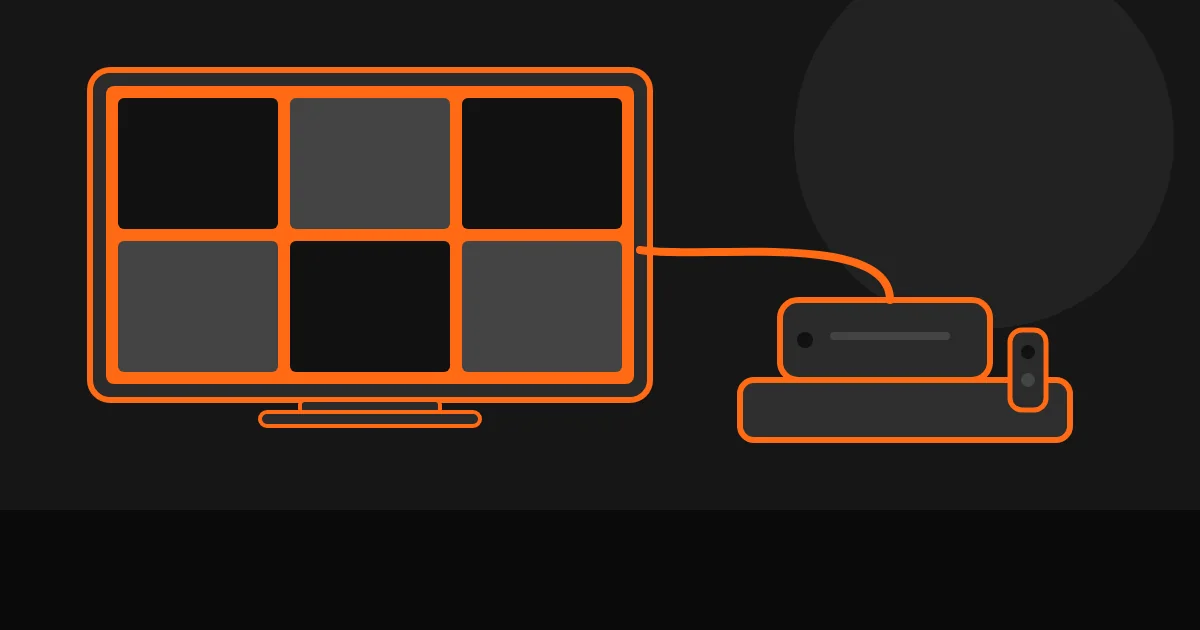Ilustração de TV exibindo catálogo ao lado de um aparelho de streaming em fundo escuro