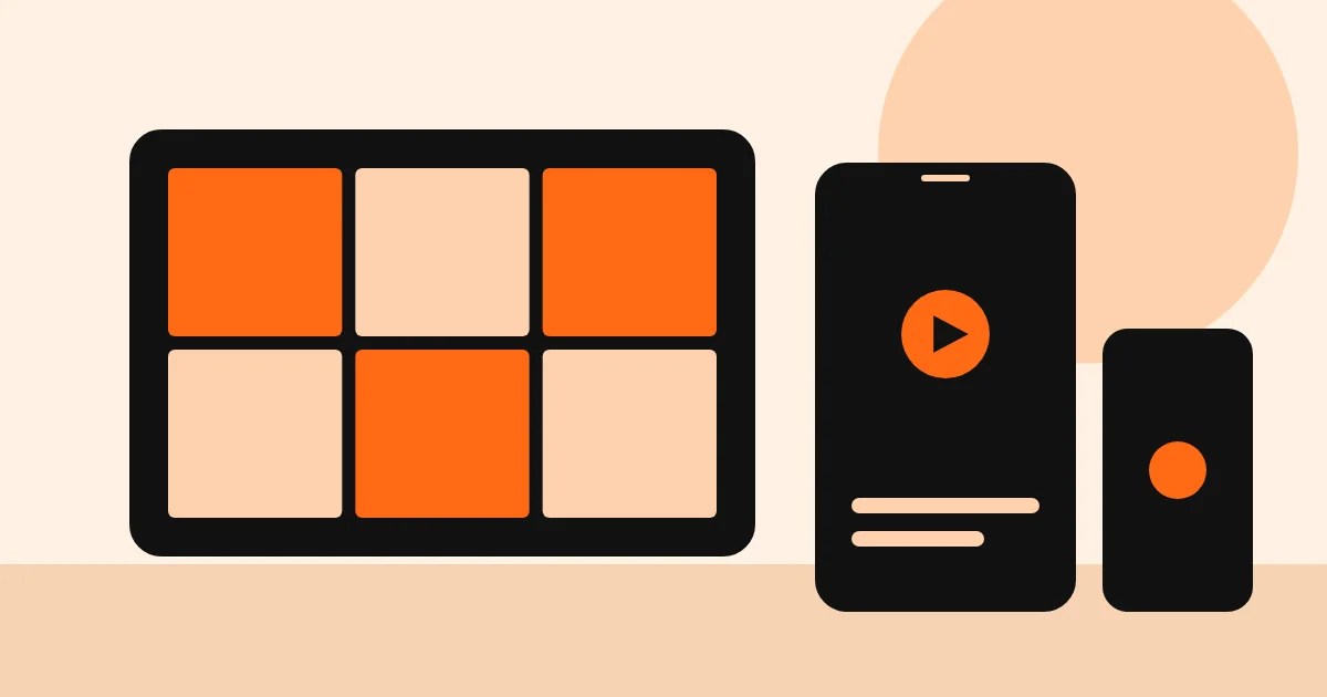 Ilustração de tela de computador, celular e tablet exibindo conteúdo de streaming