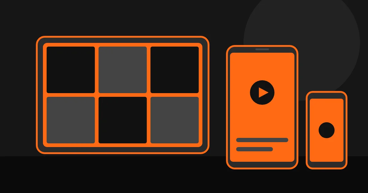 Ilustração de celular escuro exibindo play ao lado de tablet e TV
