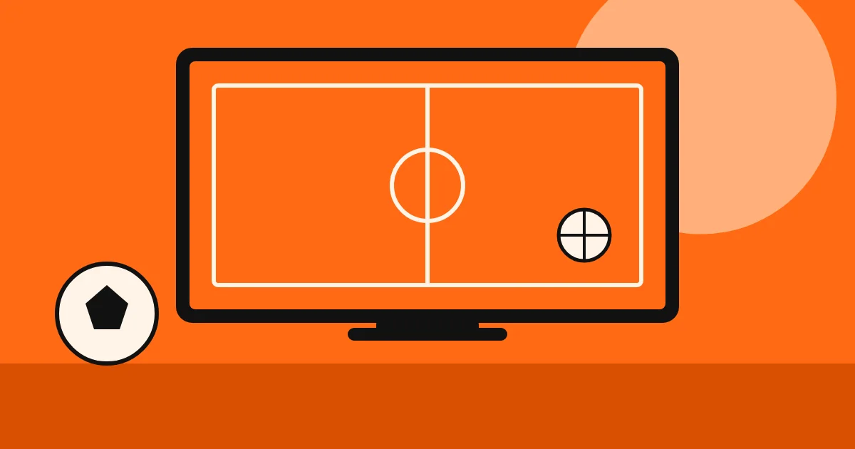 TV com campo de futebol estilizado e uma bola ao lado, em fundo laranja