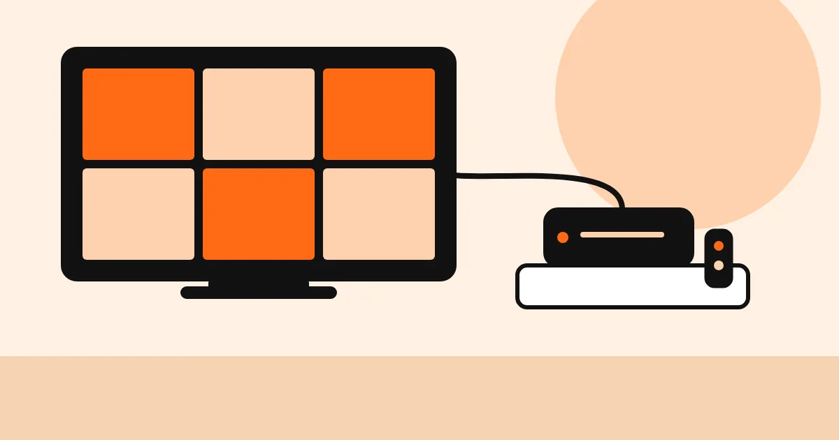 Ilustração de uma TV exibindo catálogo de vídeos ao lado de um TV Box e controle remoto