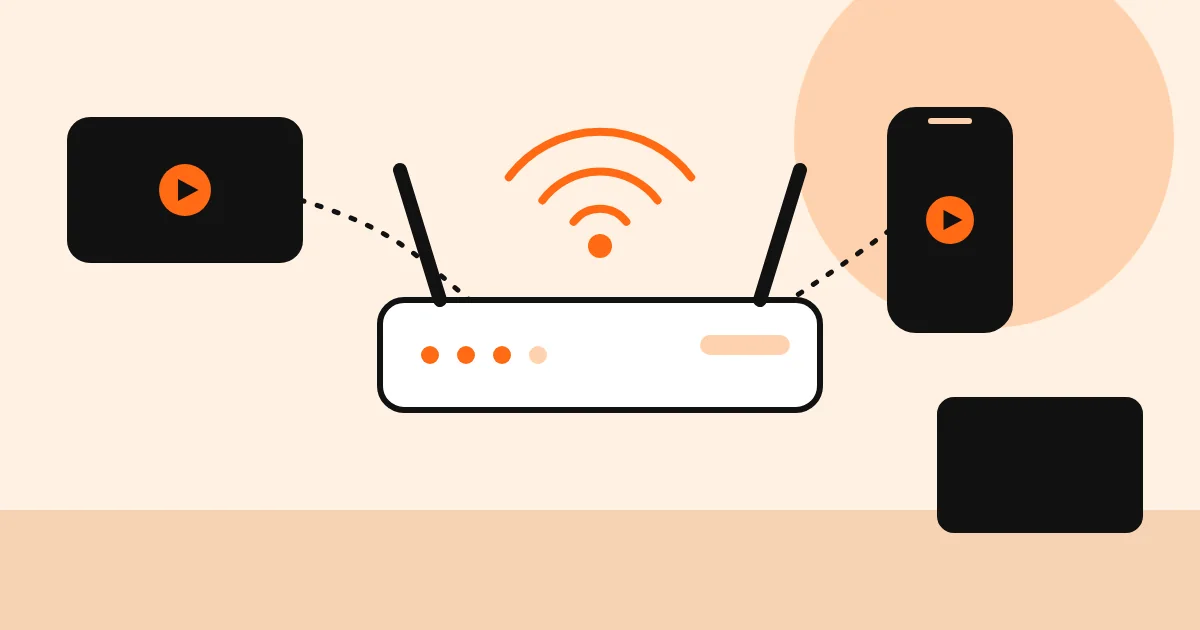 Ilustração de um roteador com ondas de Wi-Fi conectando TV, celular e notebook