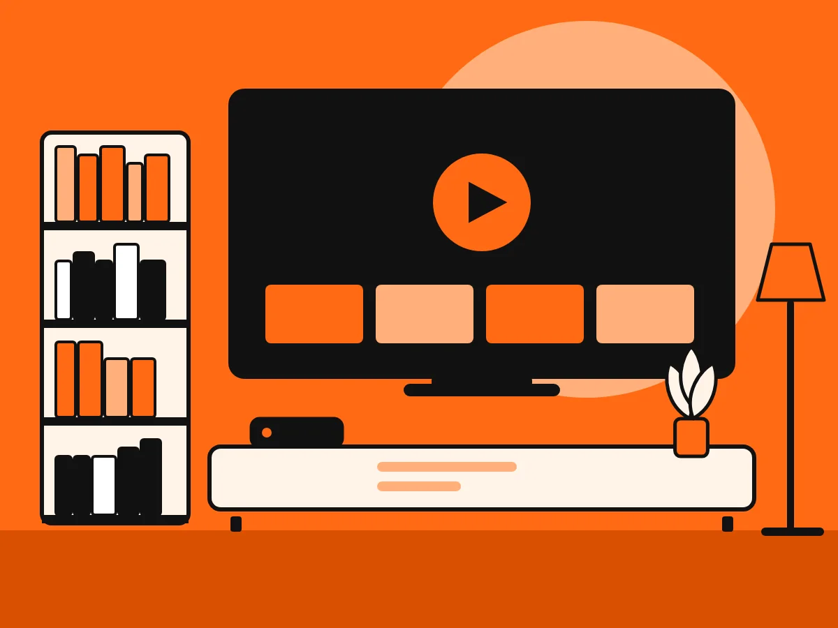 Ilustração de uma sala com TV exibindo o botão de play, estante de livros e aparelho de streaming